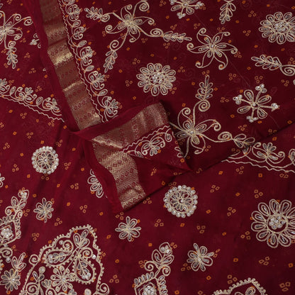 Sanskriti Vintage Red Pure Georgette Saree Hand Beaded Bandhani Sari 5.5YD Craft