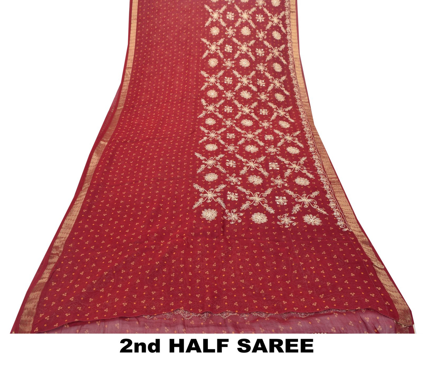 Sanskriti Vintage Red Pure Georgette Saree Hand Beaded Bandhani Sari 5.5YD Craft