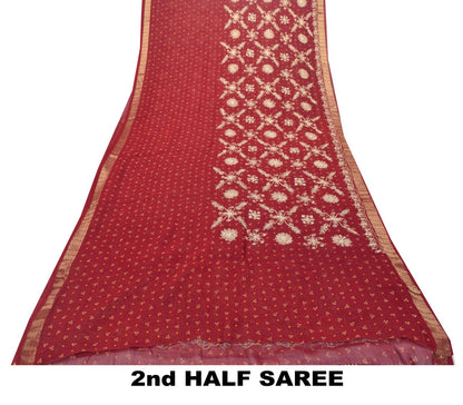 Sanskriti Vintage Red Pure Georgette Saree Hand Beaded Bandhani Sari 5.5YD Craft