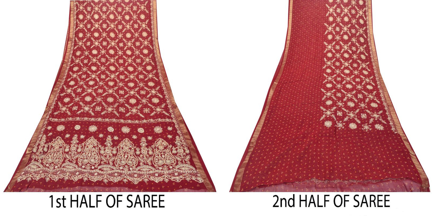 Sanskriti Vintage Red Pure Georgette Saree Hand Beaded Bandhani Sari 5.5YD Craft