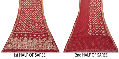 Sanskriti Vintage Red Pure Georgette Saree Hand Beaded Bandhani Sari 5.5YD Craft