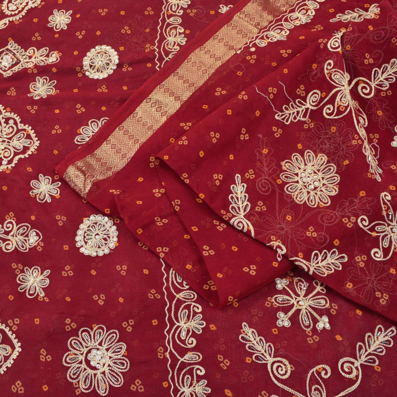 Sanskriti Vintage Red Pure Georgette Saree Hand Beaded Bandhani Sari 5.5YD Craft
