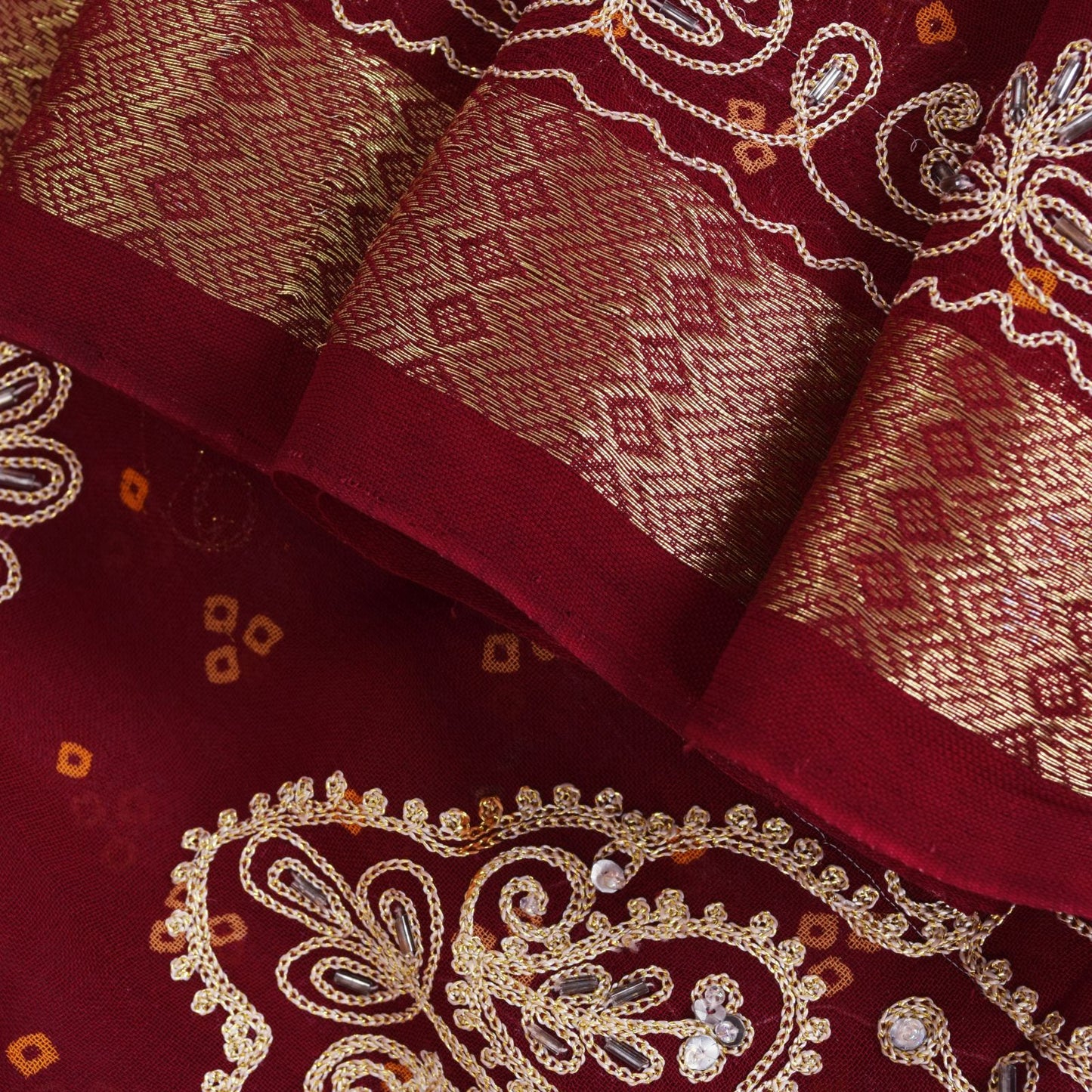 Sanskriti Vintage Red Pure Georgette Saree Hand Beaded Bandhani Sari 5.5YD Craft