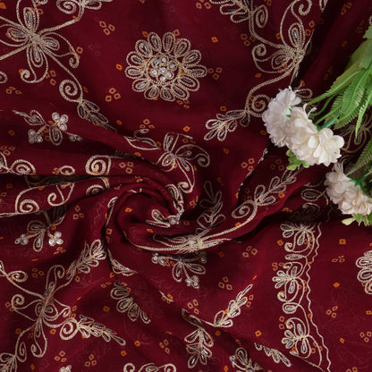 Sanskriti Vintage Red Pure Georgette Saree Hand Beaded Bandhani Sari 5.5YD Craft