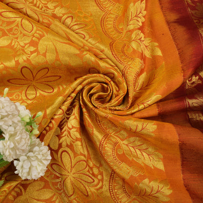 Sanskriti Vintage Dark Red Pure Silk Saree Brocade Woven Sari 5.5 Craft Fabric