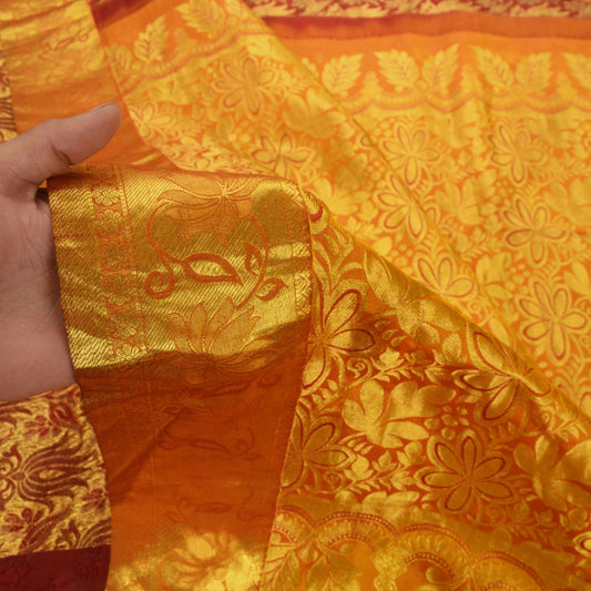 Sanskriti Vintage Dark Red Pure Silk Saree Brocade Woven Sari 5.5 Craft Fabric