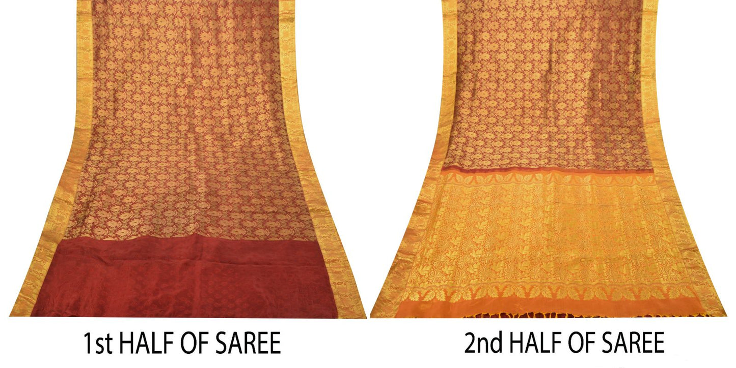 Sanskriti Vintage Dark Red Pure Silk Saree Brocade Woven Sari 5.5 Craft Fabric