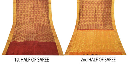 Sanskriti Vintage Dark Red Pure Silk Saree Brocade Woven Sari 5.5 Craft Fabric