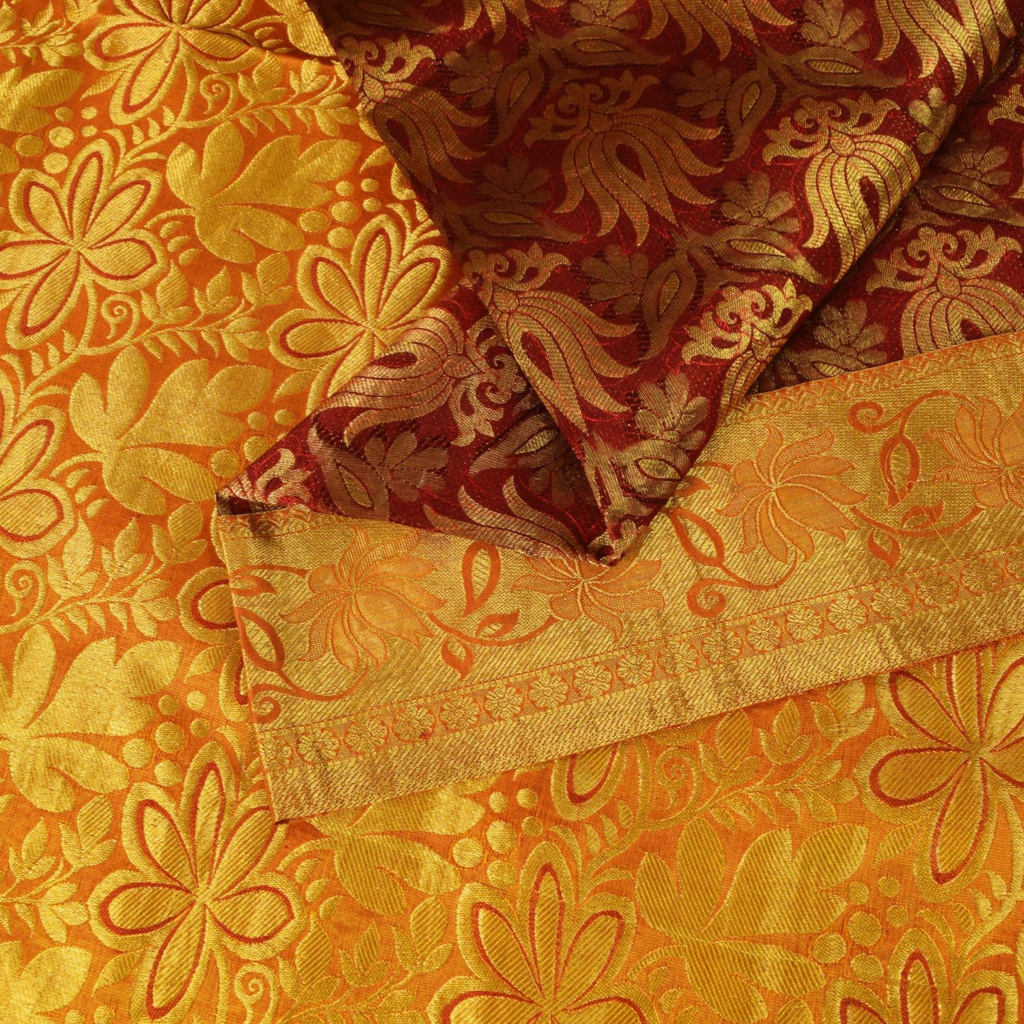 Sanskriti Vintage Dark Red Pure Silk Saree Brocade Woven Sari 5.5 Craft Fabric