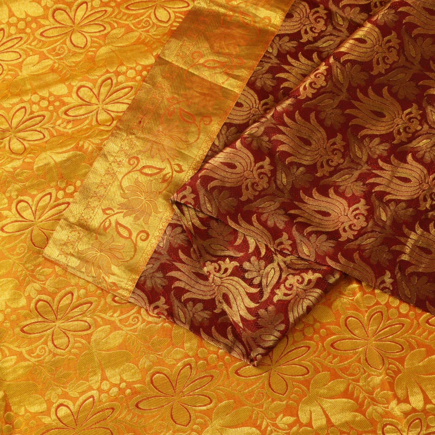 Sanskriti Vintage Dark Red Pure Silk Saree Brocade Woven Sari 5.5 Craft Fabric