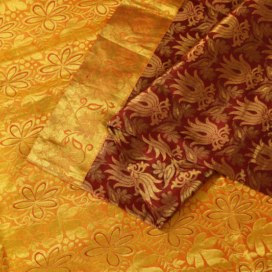 Sanskriti Vintage Dark Red Pure Silk Saree Brocade Woven Sari 5.5 Craft Fabric