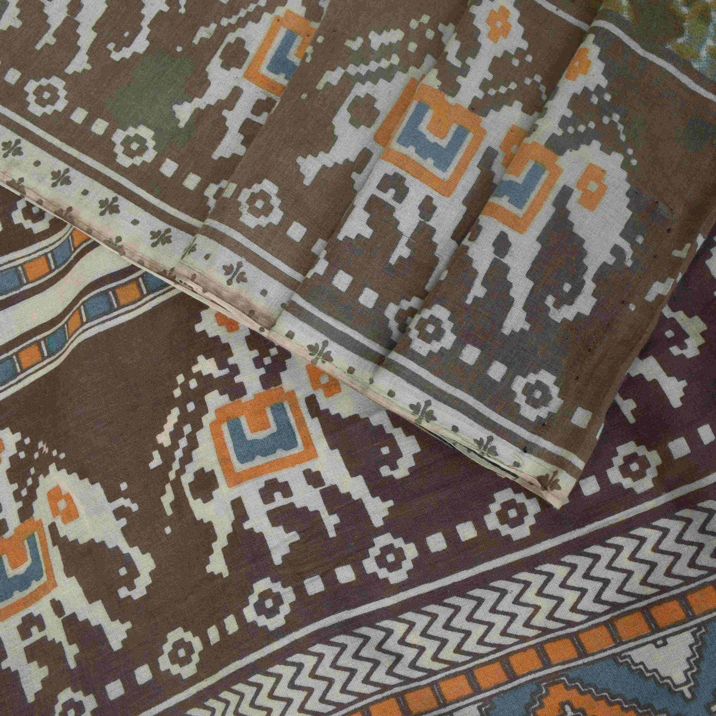 Sanskriti Vintage Soft Saree Green Pure Crepe Elephant Patola Print Sari 5.5Yd