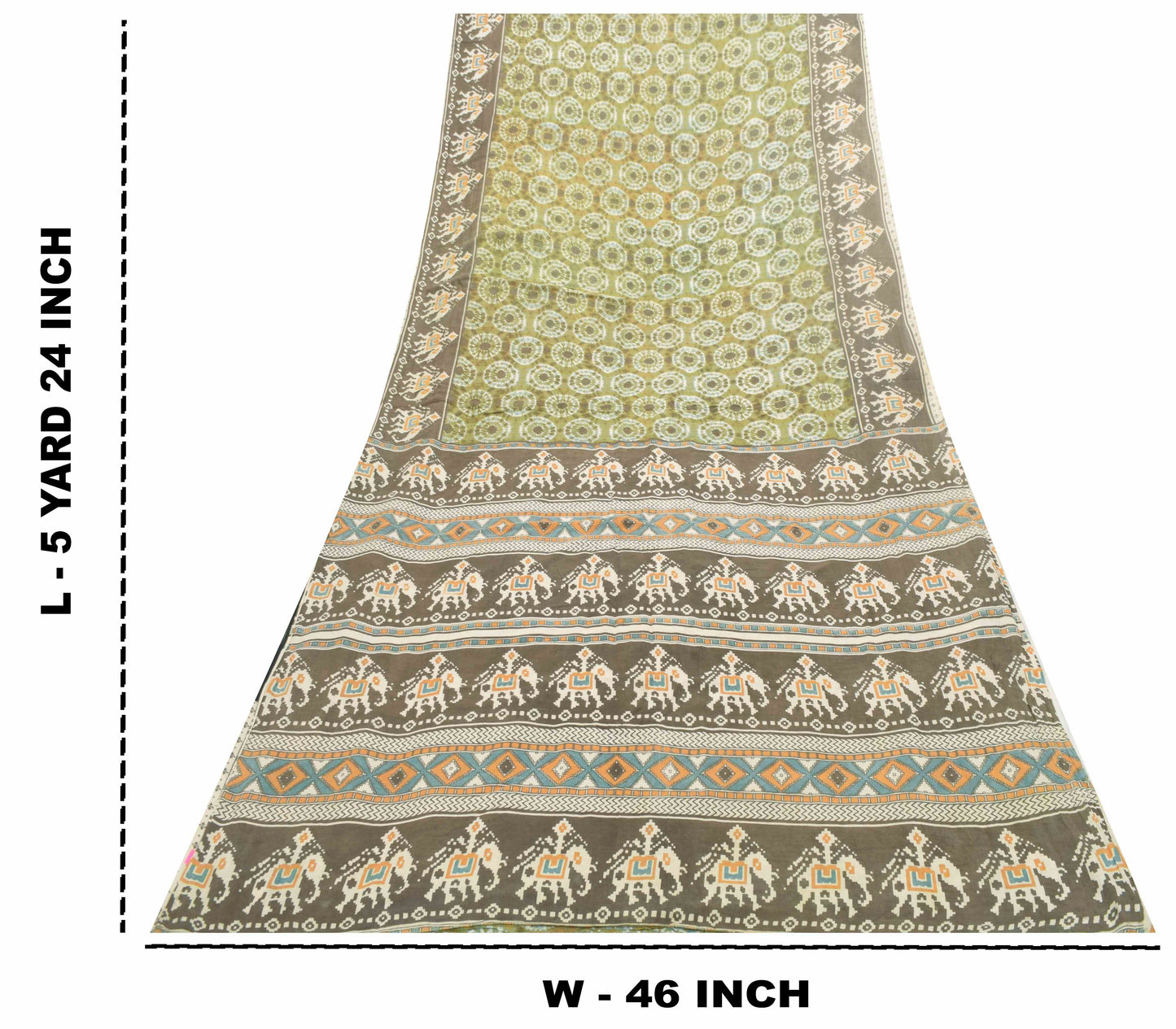 Sanskriti Vintage Soft Saree Green Pure Crepe Elephant Patola Print Sari 5.5Yd