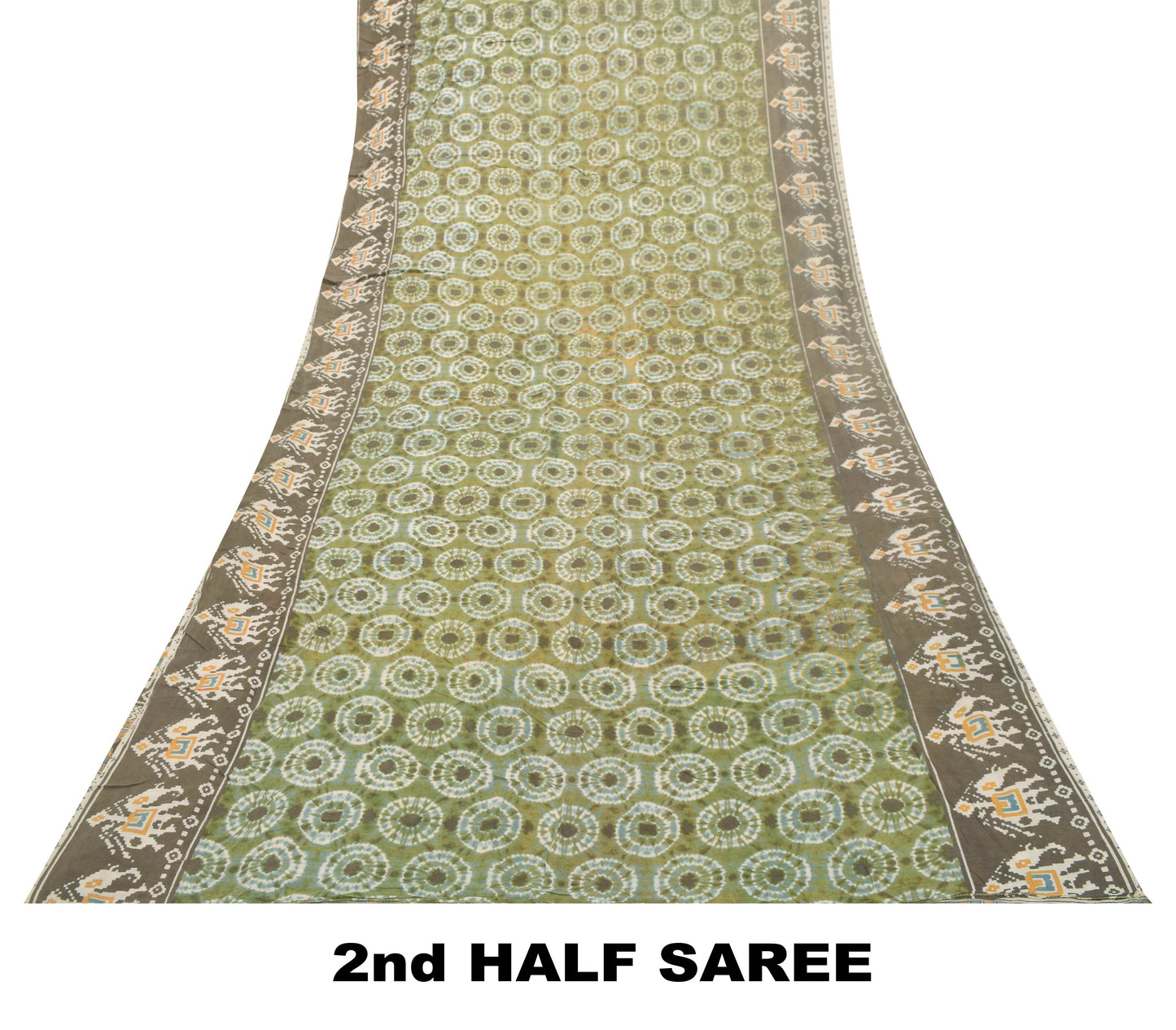Sanskriti Vintage Soft Saree Green Pure Crepe Elephant Patola Print Sari 5.5Yd