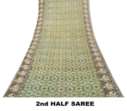 Sanskriti Vintage Soft Saree Green Pure Crepe Elephant Patola Print Sari 5.5Yd