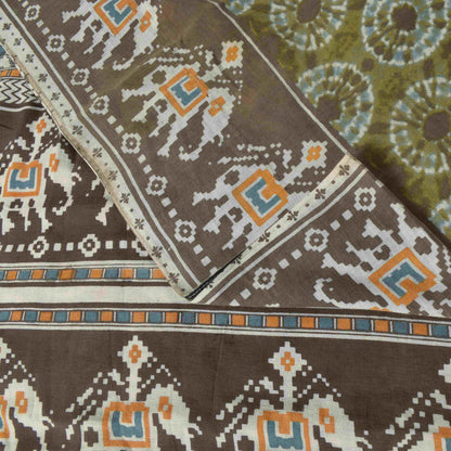Sanskriti Vintage Soft Saree Green Pure Crepe Elephant Patola Print Sari 5.5Yd
