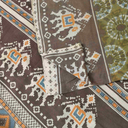 Sanskriti Vintage Soft Saree Green Pure Crepe Elephant Patola Print Sari 5.5Yd
