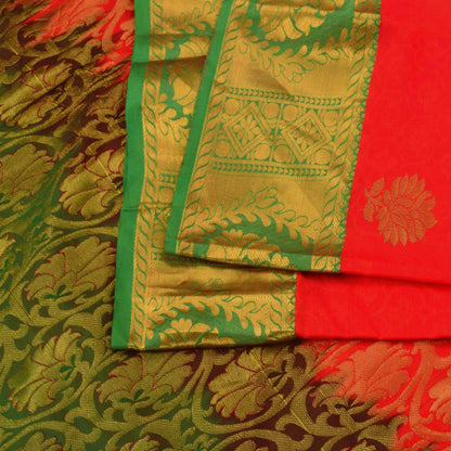 Sanskriti Vintage Red-Green Art Silk Saree Golden Woven Sari 5.5 Craft Fabric