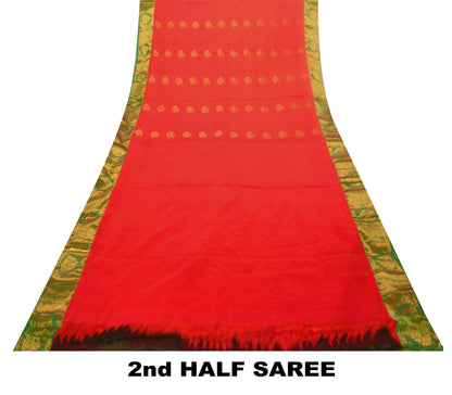 Sanskriti Vintage Red-Green Art Silk Saree Golden Woven Sari 5.5 Craft Fabric
