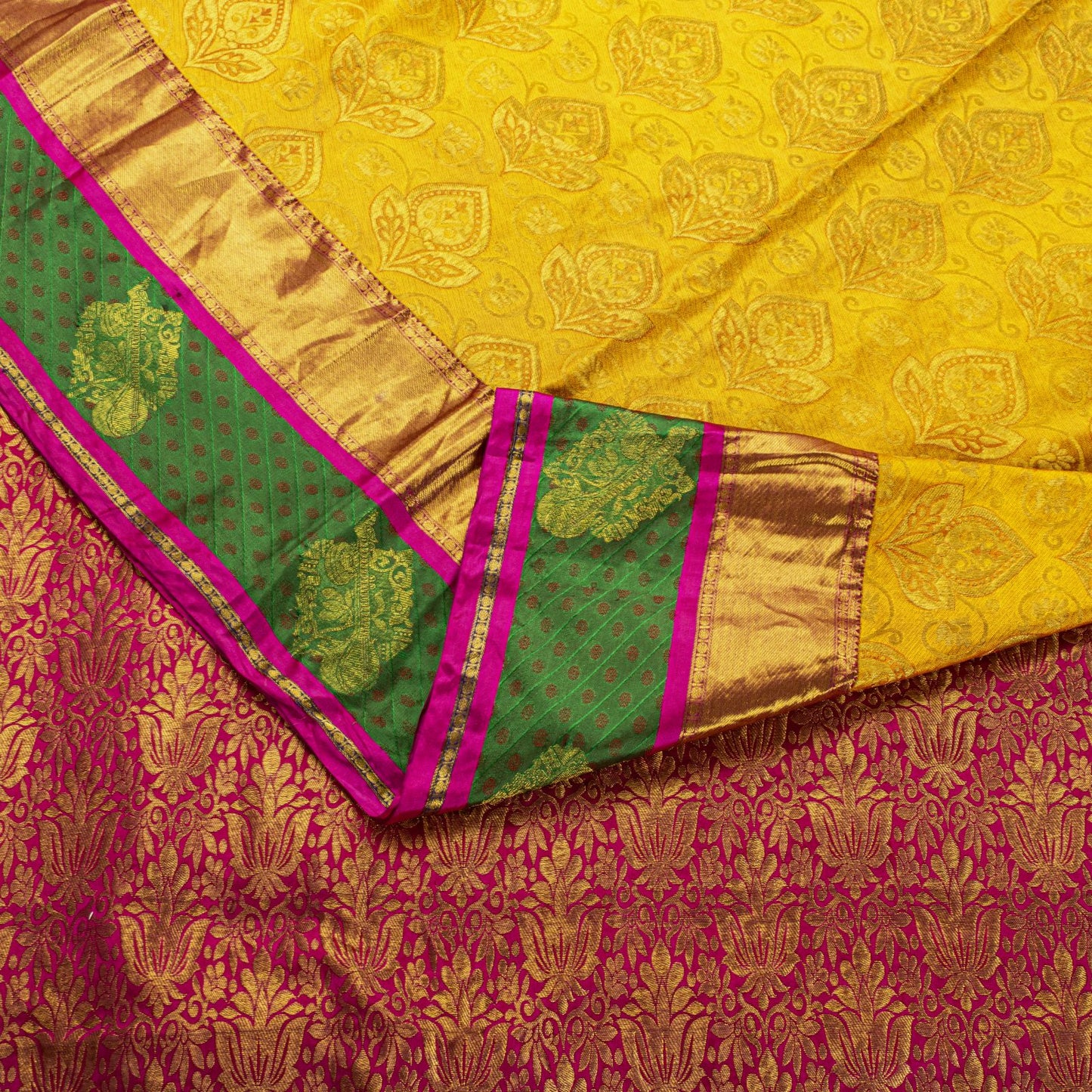 Sanskriti Vintage Yellow-Pink Art Silk Saree Brocade Zari Woven Sari 6YD Craft