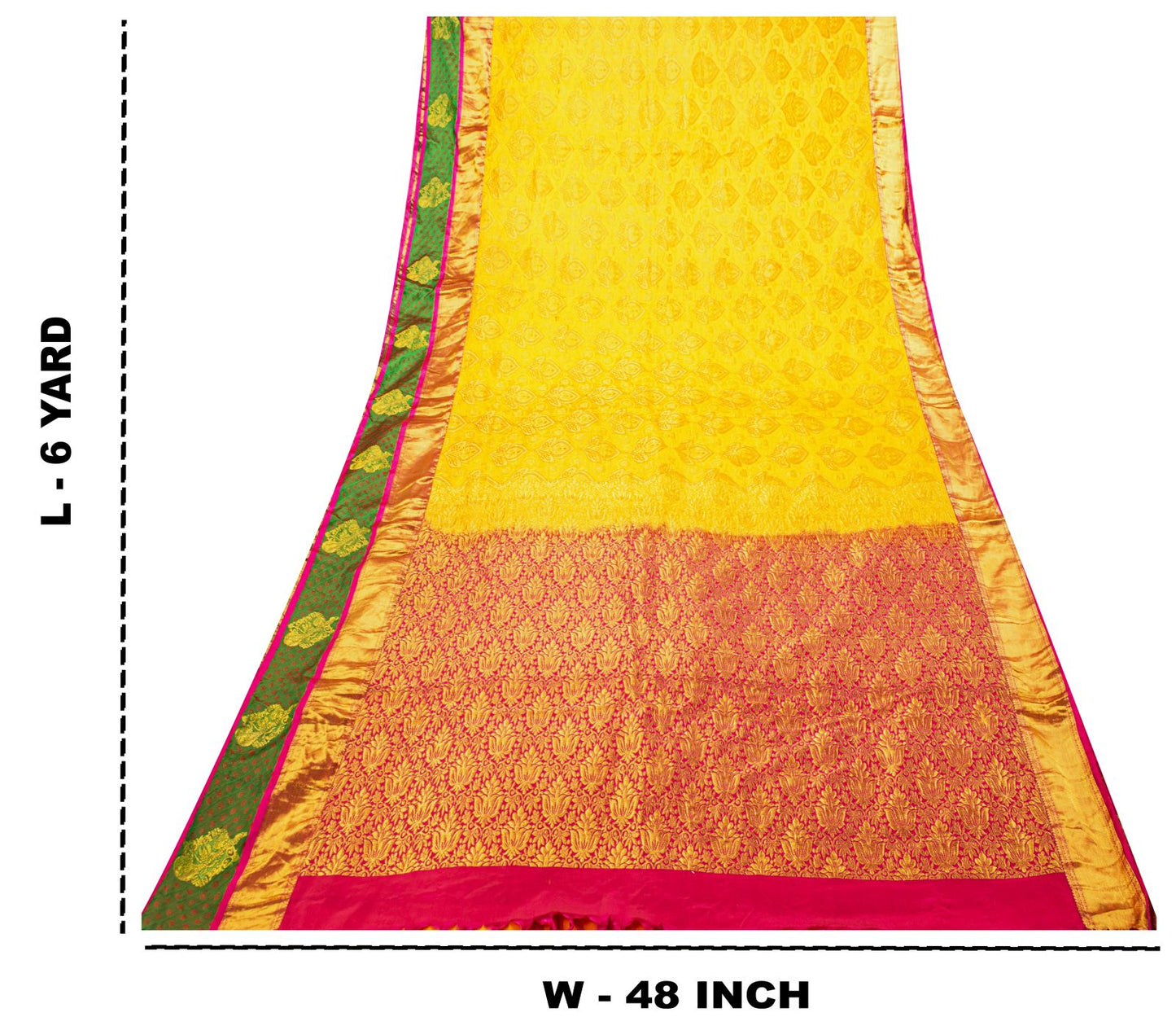 Sanskriti Vintage Yellow-Pink Art Silk Saree Brocade Zari Woven Sari 6YD Craft