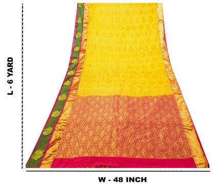Sanskriti Vintage Yellow-Pink Art Silk Saree Brocade Zari Woven Sari 6YD Craft