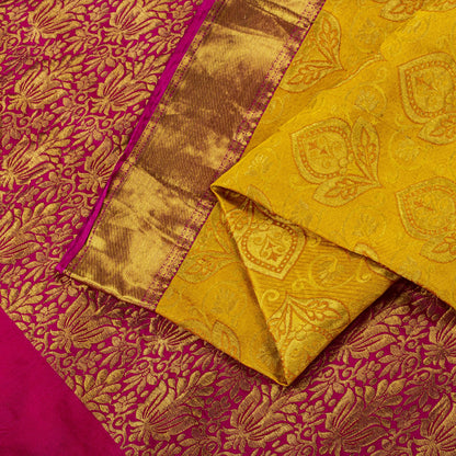 Sanskriti Vintage Yellow-Pink Art Silk Saree Brocade Zari Woven Sari 6YD Craft
