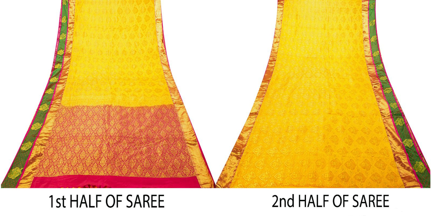Sanskriti Vintage Yellow-Pink Art Silk Saree Brocade Zari Woven Sari 6YD Craft