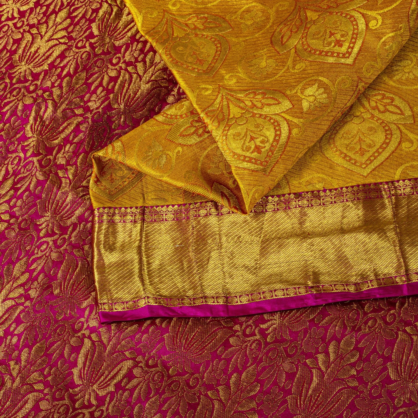 Sanskriti Vintage Yellow-Pink Art Silk Saree Brocade Zari Woven Sari 6YD Craft