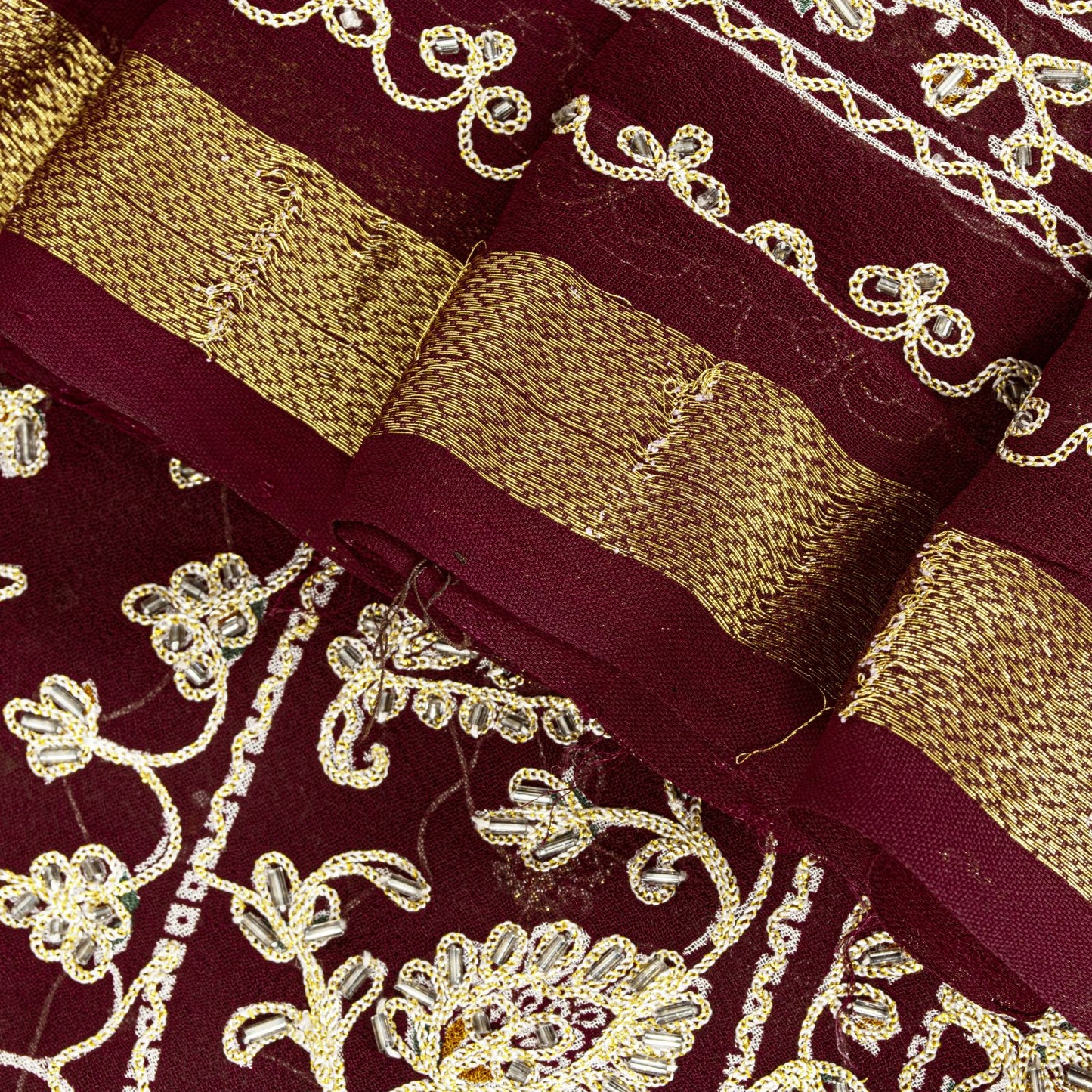 Sanskriti Vintage Dark Red Pure Georgette Saree Embroidered Beaded Sari 5.5+YD