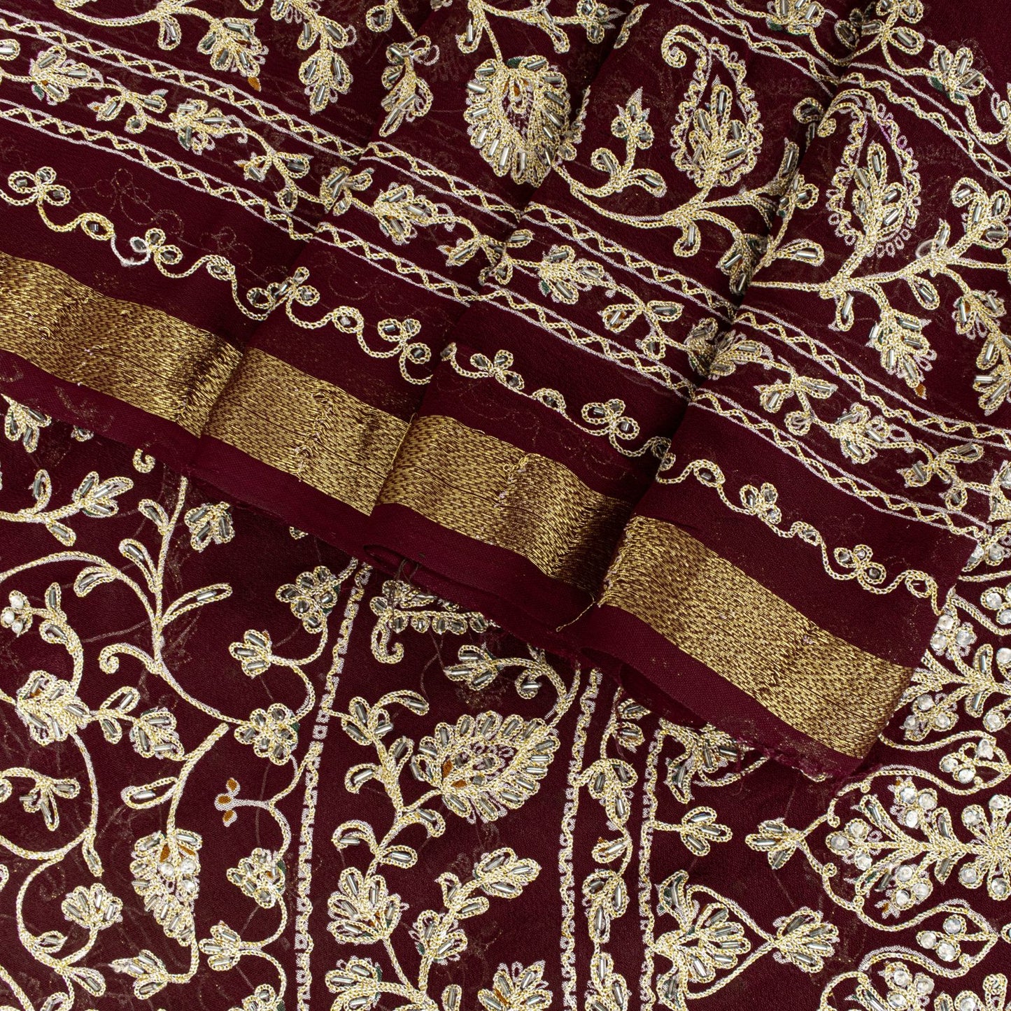 Sanskriti Vintage Dark Red Pure Georgette Saree Embroidered Beaded Sari 5.5+YD