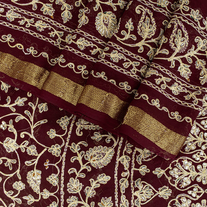 Sanskriti Vintage Dark Red Pure Georgette Saree Embroidered Beaded Sari 5.5+YD