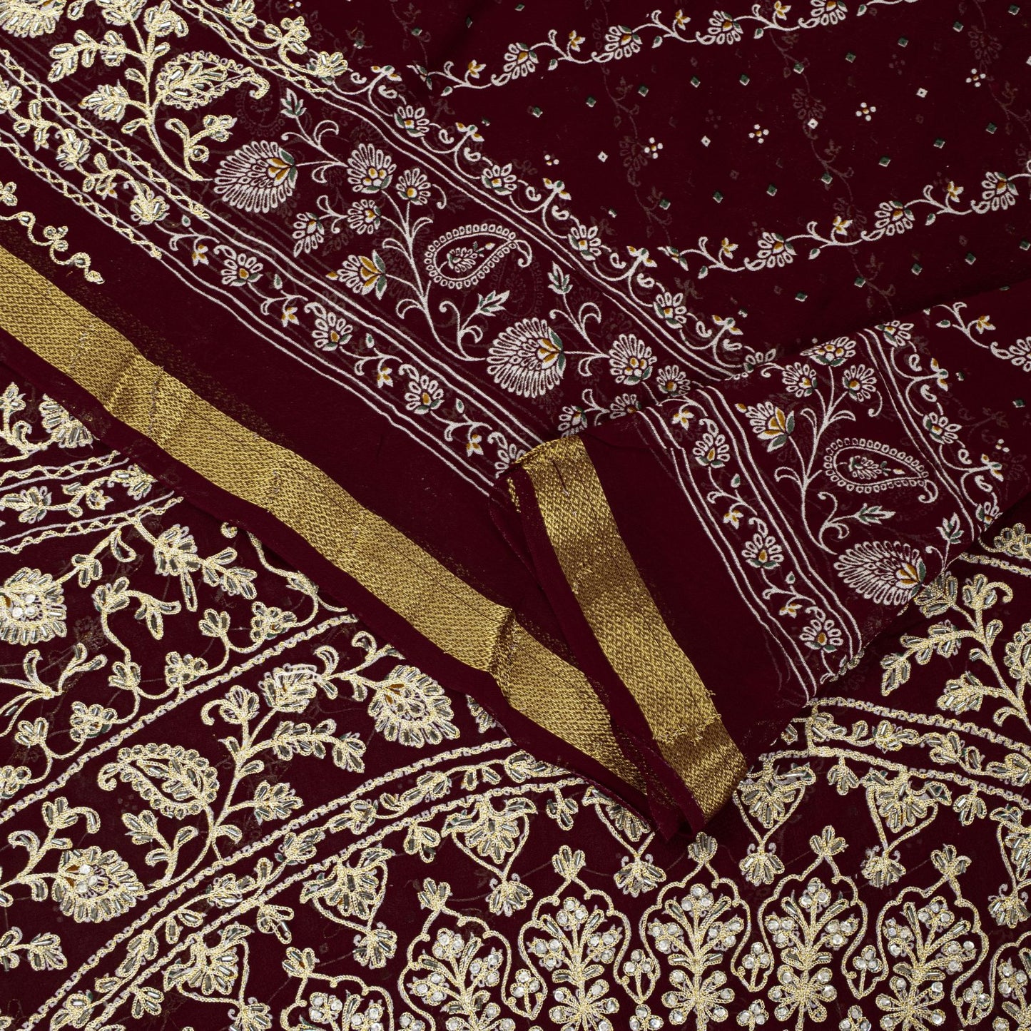 Sanskriti Vintage Dark Red Pure Georgette Saree Embroidered Beaded Sari 5.5+YD