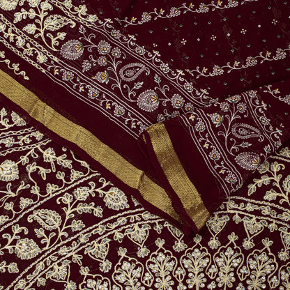 Sanskriti Vintage Dark Red Pure Georgette Saree Embroidered Beaded Sari 5.5+YD