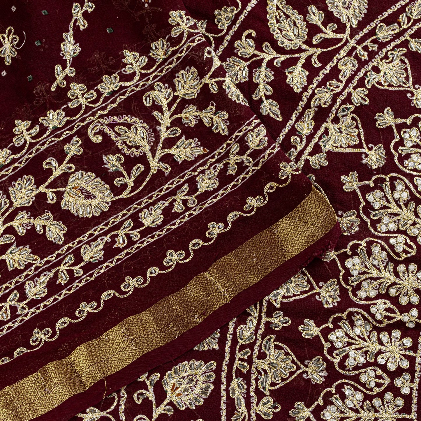 Sanskriti Vintage Dark Red Pure Georgette Saree Embroidered Beaded Sari 5.5+YD
