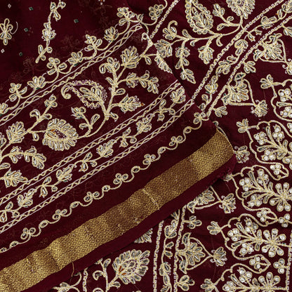 Sanskriti Vintage Dark Red Pure Georgette Saree Embroidered Beaded Sari 5.5+YD