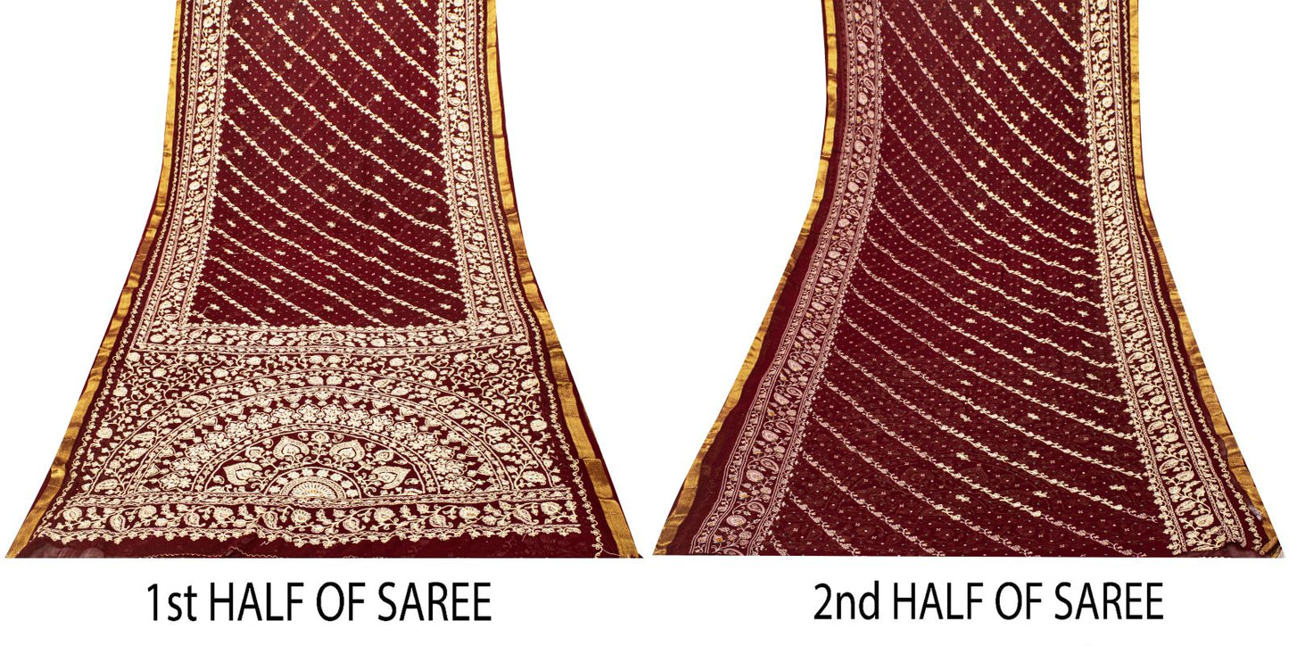 Sanskriti Vintage Dark Red Pure Georgette Saree Embroidered Beaded Sari 5.5+YD