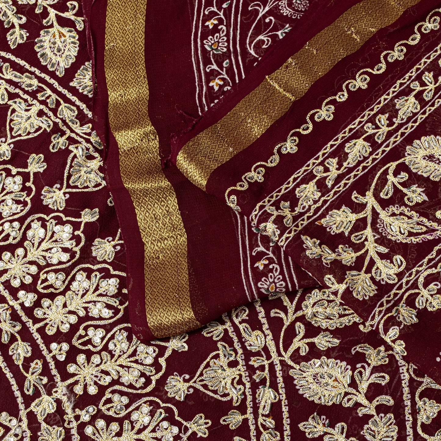 Sanskriti Vintage Dark Red Pure Georgette Saree Embroidered Beaded Sari 5.5+YD