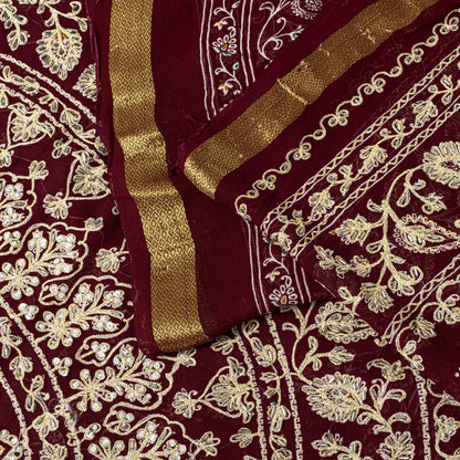 Sanskriti Vintage Dark Red Pure Georgette Saree Embroidered Beaded Sari 5.5+YD