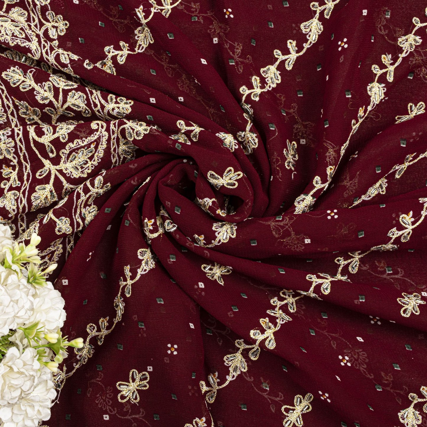 Sanskriti Vintage Dark Red Pure Georgette Saree Embroidered Beaded Sari 5.5+YD