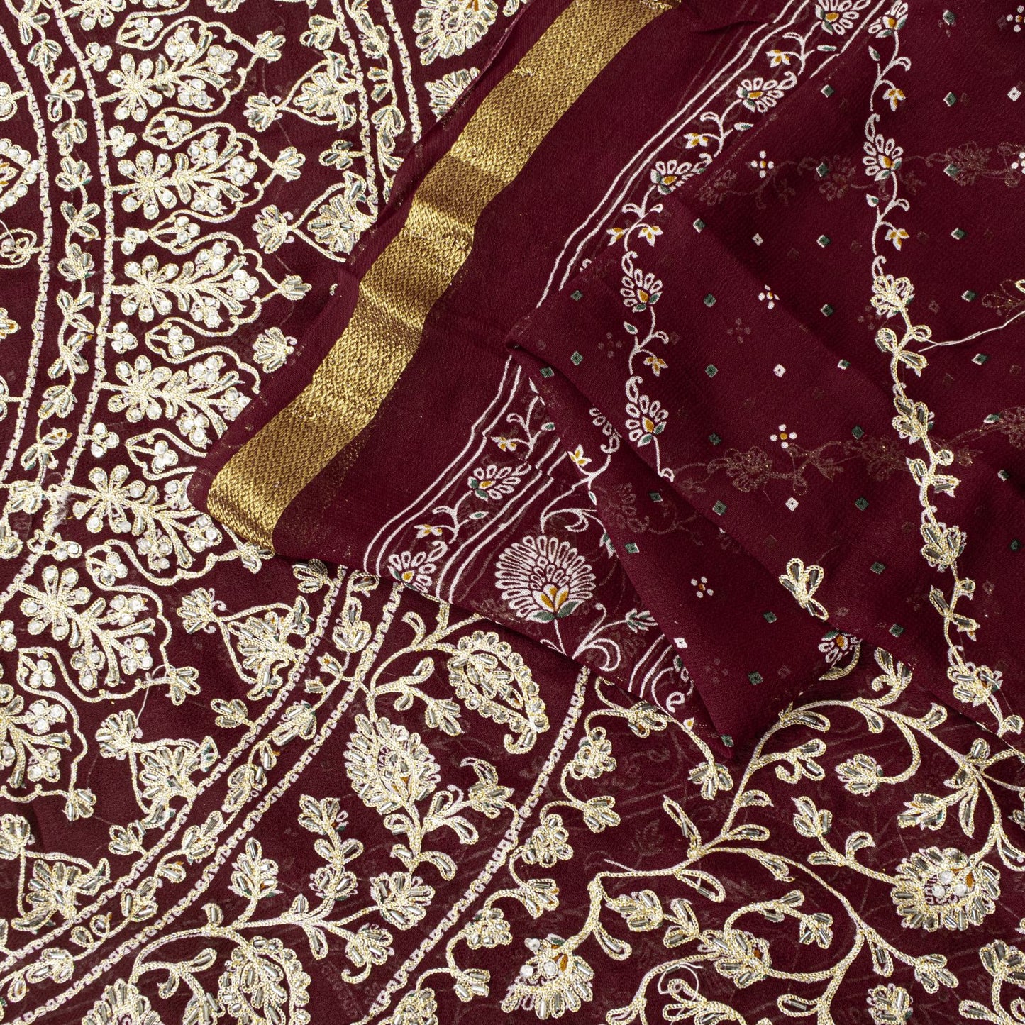 Sanskriti Vintage Dark Red Pure Georgette Saree Embroidered Beaded Sari 5.5+YD