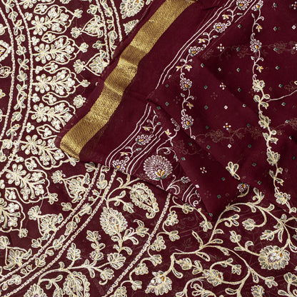 Sanskriti Vintage Dark Red Pure Georgette Saree Embroidered Beaded Sari 5.5+YD