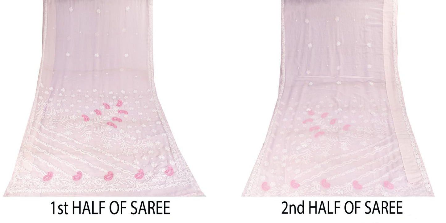 Sanskriti Vintage Pink Georgette Saree Handembroidery Chikankari Lucknow Sari 5Y
