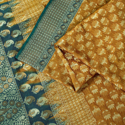 Sanskriti Vintage Mustard Pure Silk Saree Hand Woven Floral Sari 5.5 Yd Craft