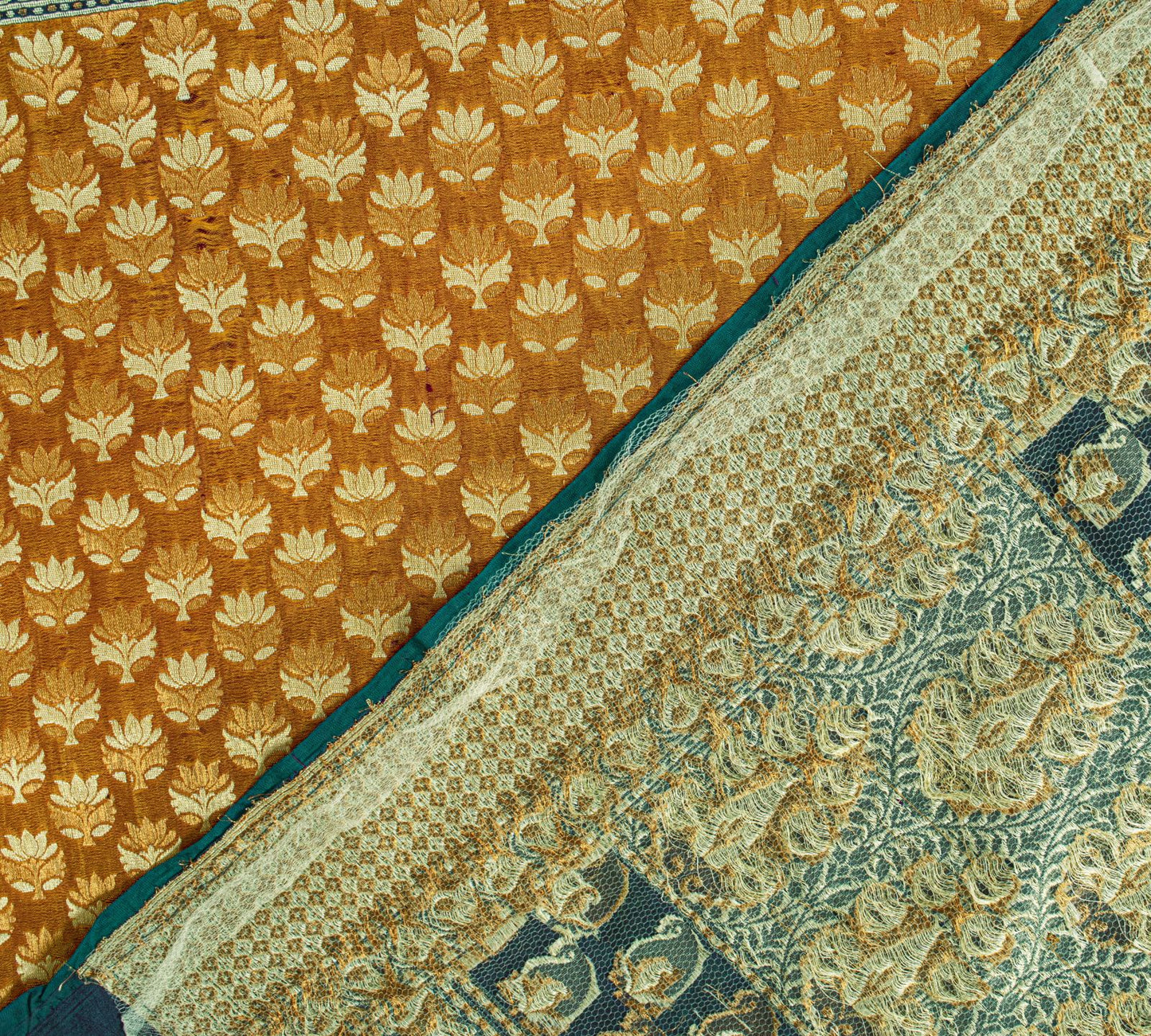 Sanskriti Vintage Mustard Pure Silk Saree Hand Woven Floral Sari 5.5 Yd Craft