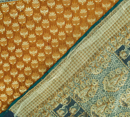 Sanskriti Vintage Mustard Pure Silk Saree Hand Woven Floral Sari 5.5 Yd Craft