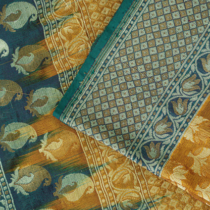 Sanskriti Vintage Mustard Pure Silk Saree Hand Woven Floral Sari 5.5 Yd Craft