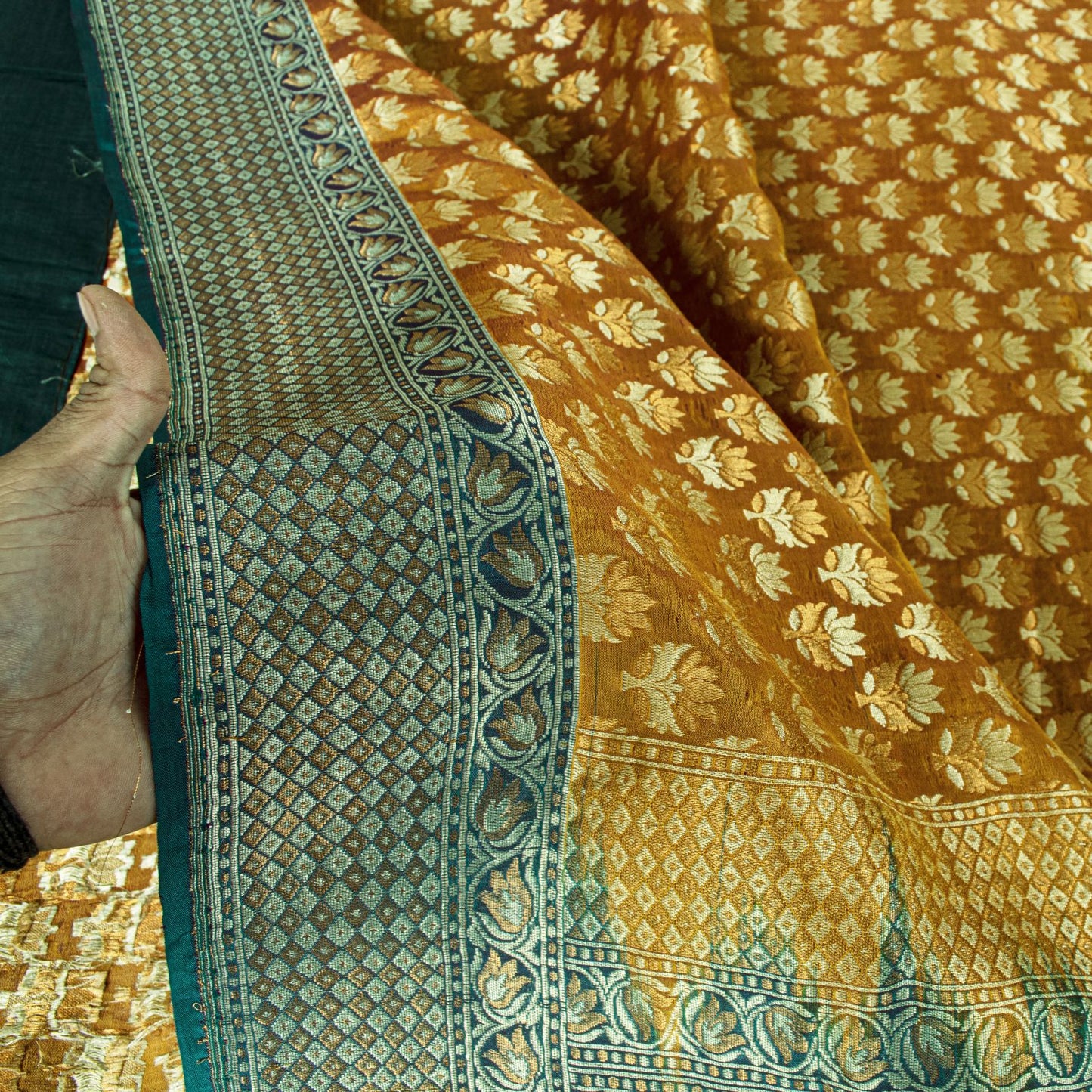 Sanskriti Vintage Mustard Pure Silk Saree Hand Woven Floral Sari 5.5 Yd Craft