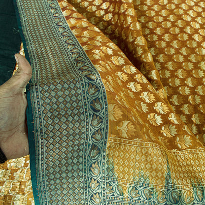 Sanskriti Vintage Mustard Pure Silk Saree Hand Woven Floral Sari 5.5 Yd Craft