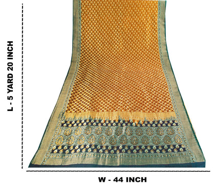 Sanskriti Vintage Mustard Pure Silk Saree Hand Woven Floral Sari 5.5 Yd Craft